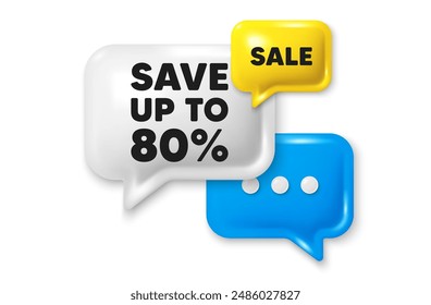 Save up to 80 percent tag. Offer speech bubble 3d icon. Discount Sale offer price sign. Special offer symbol. Discount chat offer. Speech bubble sale banner. Discount balloon. Vector