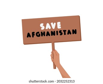 Save Afghanistan banner in woman hands. War and violence protest symbol isolated on white background. Vector flat illustration