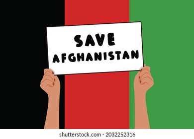 Save Afghanistan banner in woman hands. War and violence protest symbol on flag color background. Vector flat illustration