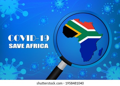 Save Africa for stop virus sign. Covid-19 virus cells or corona virus and bacteria close up isolated on blue background,
Poster Advertisement Flyers Vector Illustration.