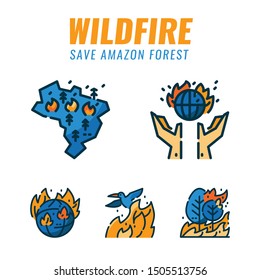 Save amazon forest and wild animals form wildfires. Filled outline icons design. vector illustration