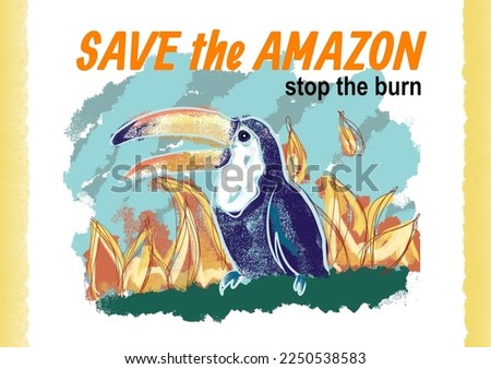 save the amazon with toucan and fire. Great for posters, banners, news articles, brochures. Vector image.