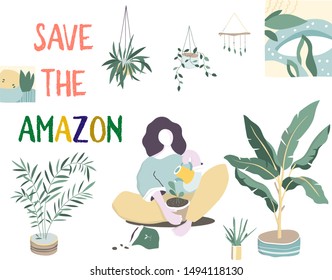 Save Amazonia Forest in Brazil From Fire Disaster Vector colorful cartoon Illustration with plants, leaves and tree. Sitting woman flat design. Help forest. Prat for Amazon