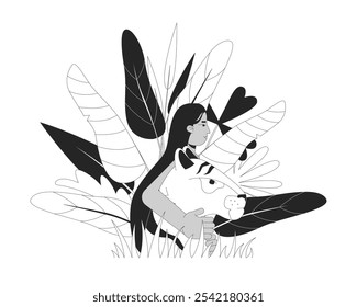 Save animals facing extinction black and white 2D illustration concept. Protecting endangered species. Rainforest wildlife. Tiger guardian outline character isolated. Metaphor monochrome vector art