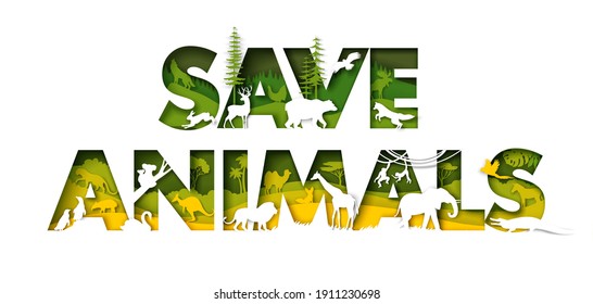 Save animals typography banner template. Vector illustration in paper art style. Flora and fauna of Europe, Asia, Australia, Africa, South America world continents. Wild animals silhouettes.