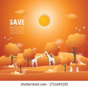 Save  Animals,Wildlife,Green trees and Forest From Fire Disaster,paper craft style vector and illustration 