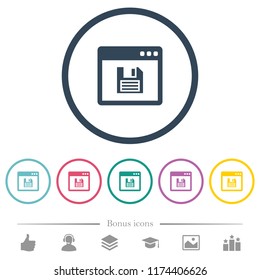Save application flat color icons in round outlines. 6 bonus icons included.