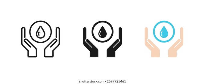 Save aqua resource, environment protection icon set. Caring for the environment. Hygiene health care, cleanse water symbol. Line, glyph and flat style. World Water Day. Vector Illustration.