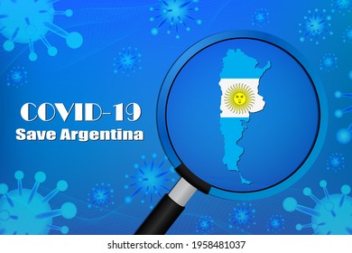 Save argentina for stop virus sign. Covid-19 virus cells or corona virus and bacteria close up isolated on blue background,
Poster Advertisement Flyers Vector Illustration.