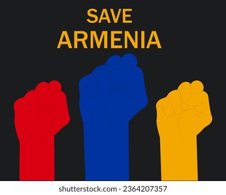 Save Armenia concept. An illustration of three raised fists in colors of Armenian flag.