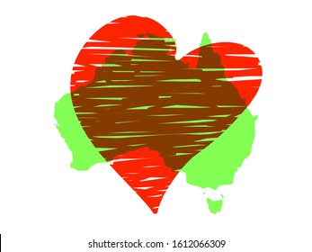 Save Australia vector illustration. Australia continent green silhouette with red heart isolated on white background. A sign of support for charitable and rescue operations after fires in Australia