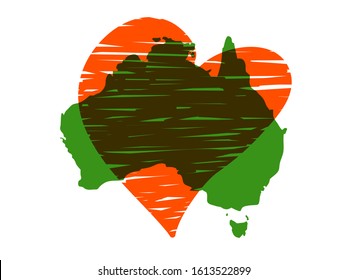 Save Australia vector illustration. Australia continent green silhouette with red heart isolated on white background. A sign of support for charitable and rescue operations after fires in Australia