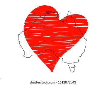 Save Australia vector stock illustration. Outline continent Australia with a red sketch heart isolated on white background. Support sign for volunteer, charity, or rescue work after fires in Australia