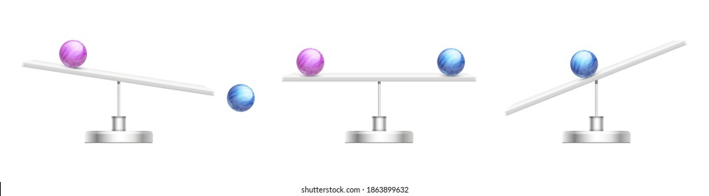 Save balance. Abstract scale, gender gap or inequality metaphor. White desk, blue pink balls vector illustration