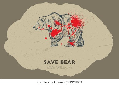Save bear save wildlife. Gun shot with blood over bear.