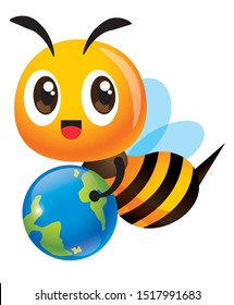 Save the bee and earth. Cartoon cute bee carrying a little earth to educate human to protect the green environment. - vector character