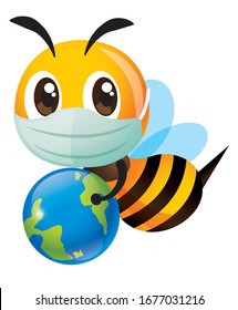 Save the bee and earth. Cartoon cute bee wearing surgical mask and carrying a little earth. To educate human to protect the green environment against pollution. - vector character