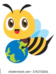 Save the bee and earth. Cartoon cute bee carrying a little earth to educate human to protect the green environment. - vector character flat art