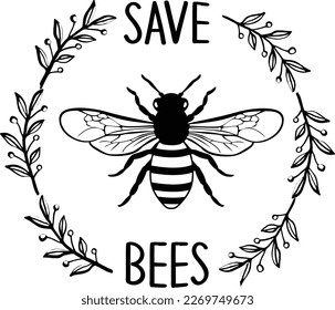 Save bee, bee quote, hand drawn lettering for cute print. Positive quotes isolated on white background. Happy slogan for tshirt. Vector illustration bumble, leaves. Typography poster