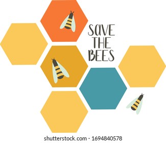 Save the bees. Bees crawl on honeycombs. Environment protection. Bright flat vector illustration. Perfect for card, poster, booklet, flyer