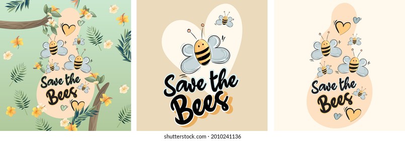 Save the Bees. Cute vector illustration in line drawing and pastel colors. Bee family. Nature love.