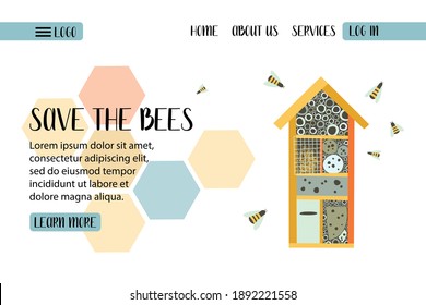 Save the bees. Bees fly around the bee hotel. Environment protection. Bright flat vector illustration. Perfect for landing page, banner design, web