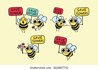 Save the bees - funny vector bees drawing. Illustration with cute cartoon bees and signboards. Environmental Protection. Commemorative design for Bee Day celebration