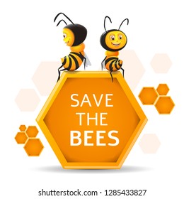 Save the bees help signal: Two bees sitting on a honeycomb, asking for help to protect the bees. Vector