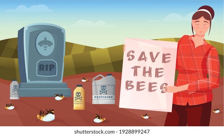 Speichern Sie die horizontale Zusammensetzung der Bienen mit einer Frau, die Plakatbienen und Dosen mit Pestiziden hält Vektorgrafik