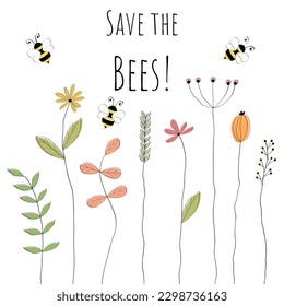 Save the bees! Impulse for species protection of bees. Poster with lovingly drawn bees and flowers.