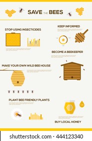 Save the Bees infographics . Flat design vector concept illustration organic natural honey bee

