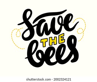 Save the Bees Lettering or Calligraphy, Creative Banner, Font for World Bees Day and Environmental Protection. Typography, Graphic T-shirt Print Isolated on White Background. Vector Illustration