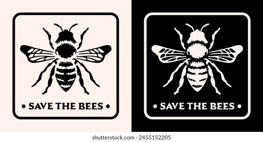 Save the bees lettering sticker badge logo. Protect pollinators insects bee support protection beekeepers illustration. Minimalist retro vintage aesthetic printable vector text shirt design cut file.