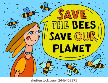 Save the bees and our planet. International event. Bee-friendly initiatives. Beekeeping practices. Importance of honeybee role in ecosystem. Editable vector illustration isolated on a blue background