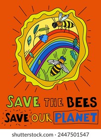 Save the bees and our planet. International event. Bee-friendly initiatives. Beekeeping practices. Importance of honeybee role in ecosystem. Editable vector illustration isolated on orange background