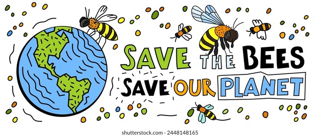 Save the bees and our planet. World bee day. International event. Bee-friendly initiatives. Beekeeping. Importance of bees and their role in ecosystems. Vector illustration on a white background