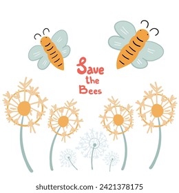 Save the bees poster with bees and dandelion