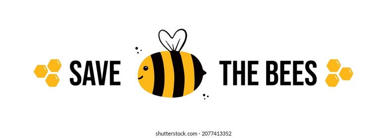 Save the Bees vector horizontal card, illustration with cute cartoon style bee character and honey combs.