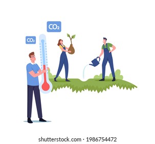 Speichern Sie die Biosphäre, stoppen Sie das Konzept der globalen Erwärmung. Revegetation, Aufforstung und Pflanzung, freiwillige Charaktere Pflanzungen Bäume, Rettung der Natur, Umweltschutz. Vektorgrafik von Cartoon People