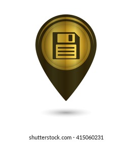 Save - black vector icon;  golden map pointer