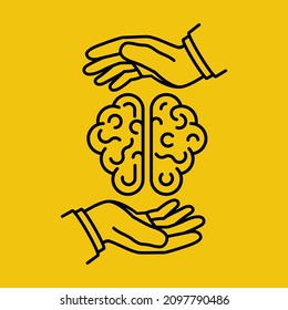 Save brain. Protection mind. Human hands protect the brain. Black line minimal design. Vector illustration flat style. Isolated on white background.
