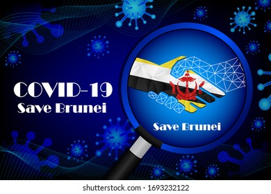 Speichern Sie Brunei für Stopp-Virus-Zeichen. Covid-19-Viruszellen oder Corona-Virus und Bakterien, Nahaufnahme einzeln auf blauem Hintergrund,
 Poster Advertisement Flyers Vektorillustration Illustration.