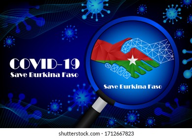 Save Burkina Faso for stop virus sign. Covid-19 virus cells or corona virus and bacteria close up isolated on blue background,
Poster Advertisement Flyers Vector Illustration.