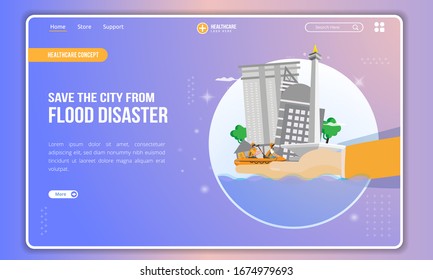 Save the city from flood disaster illustration on landing page, Save the city of Jakarta from flooding
