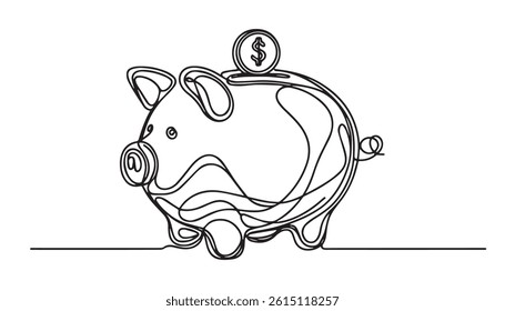 save a coin into a piggy bank, symbolizing saving money and financial planning. A continuous line drawing for business and finance theme illustration