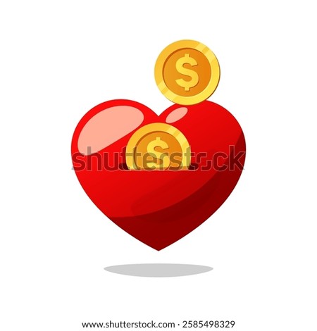 Save coins in the heart. Money heart vector isolated on white background.