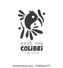 Save the colibri logo design, protection of wild animal black and white sign vector Illustrations on a white background