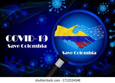 Save Colombia for stop virus sign. Covid-19 virus cells or corona virus and bacteria close up isolated on blue background,
Poster Advertisement Flyers Vector Illustration.