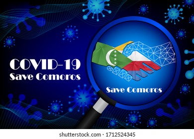 Save Comoros for stop virus sign. Covid-19 virus cells or corona virus and bacteria close up isolated on blue background,
Poster Advertisement Flyers Vector Illustration.
