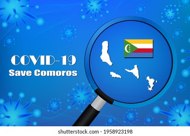 Save Comoros for stop virus sign. Covid-19 virus cells or corona virus and bacteria close up isolated on blue background,
Poster Advertisement Flyers Vector Illustration.